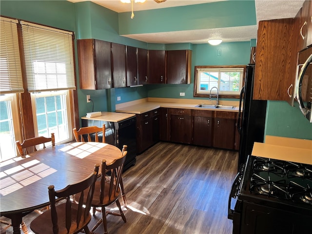 kitchen with black appliances, sink, dark brown cabinetry, and dark hardwood / wood-style floors