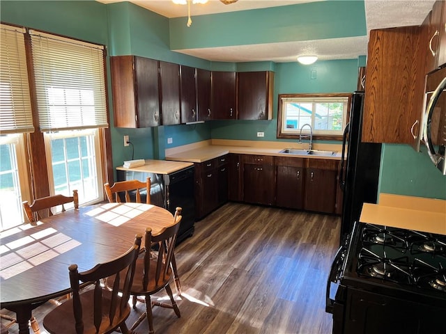 kitchen featuring dark brown cabinetry, dark wood-style floors, light countertops, black appliances, and a sink