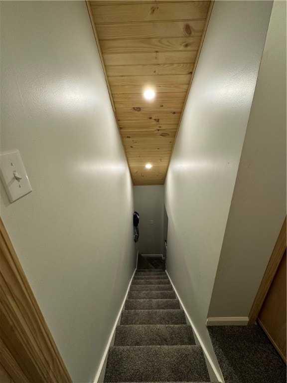 stairs with wood ceiling and carpet