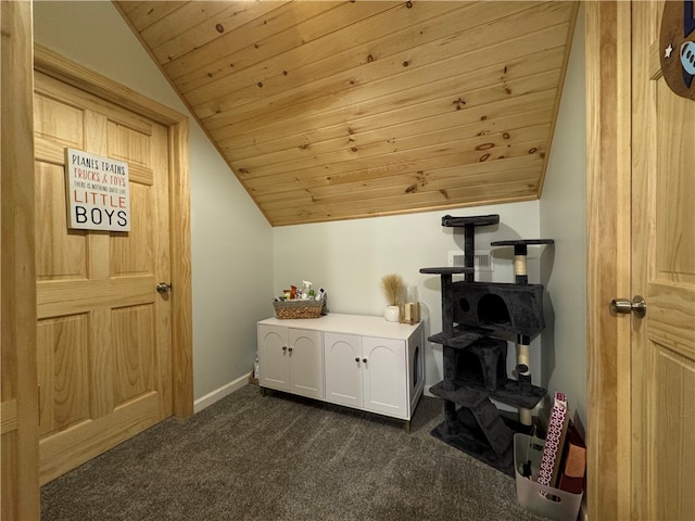 office with vaulted ceiling, wood ceiling, and carpet