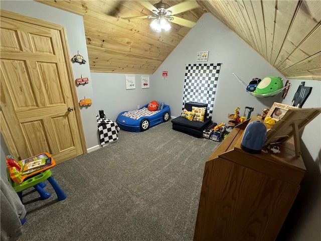 rec room with wooden ceiling, lofted ceiling, ceiling fan, and carpet floors