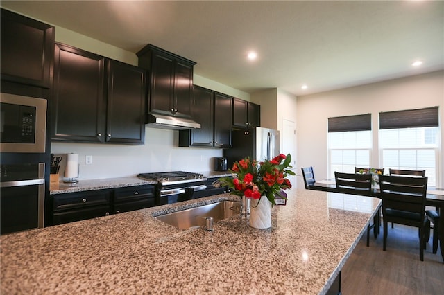 kitchen with appliances with stainless steel finishes, light stone counters, dark hardwood / wood-style floors, and sink