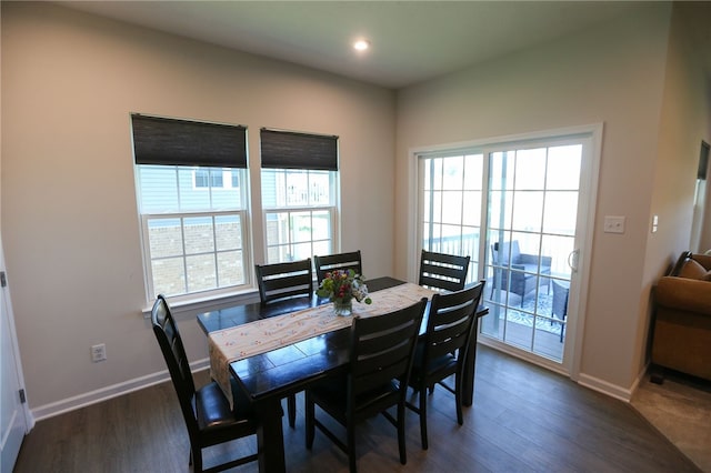 dining room with dark wood-type flooring and a healthy amount of sunlight