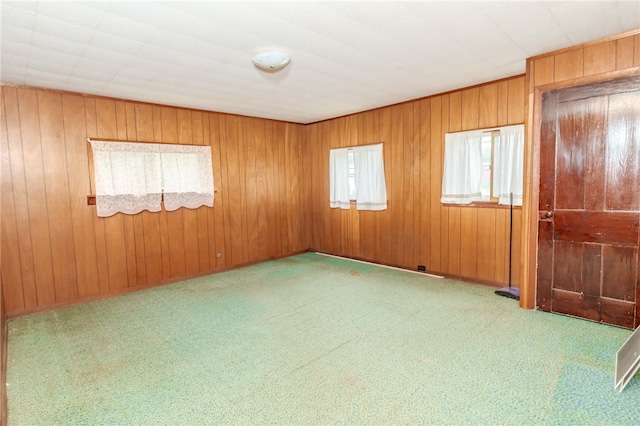 spare room featuring light carpet and wood walls