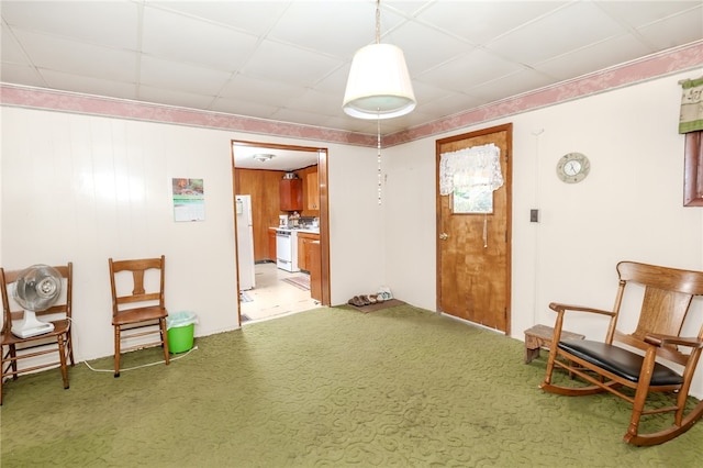 sitting room featuring carpet and wooden walls