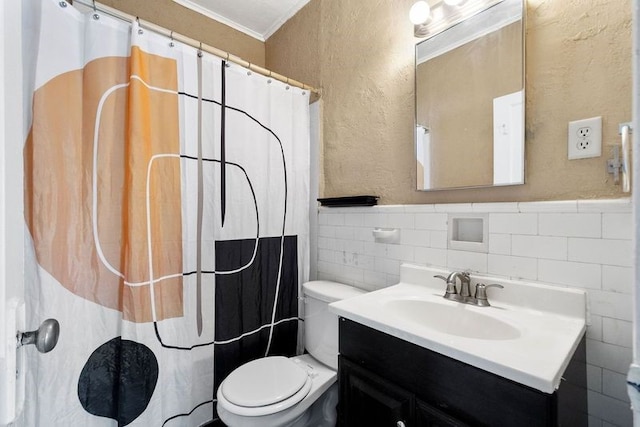 bathroom with a shower with shower curtain, vanity, tile walls, toilet, and decorative backsplash