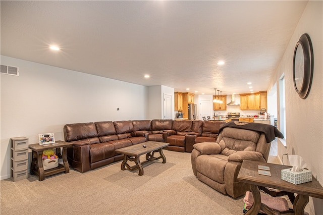 living room with light colored carpet