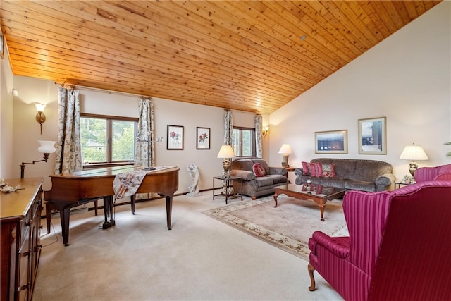 carpeted living room with a healthy amount of sunlight, high vaulted ceiling, and wooden ceiling