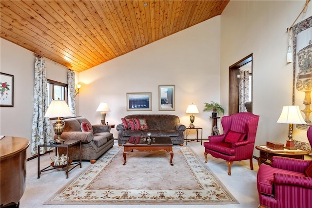 carpeted living room with wood ceiling and high vaulted ceiling