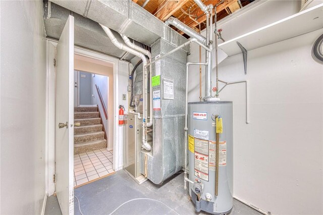 utility room with gas water heater and heating unit