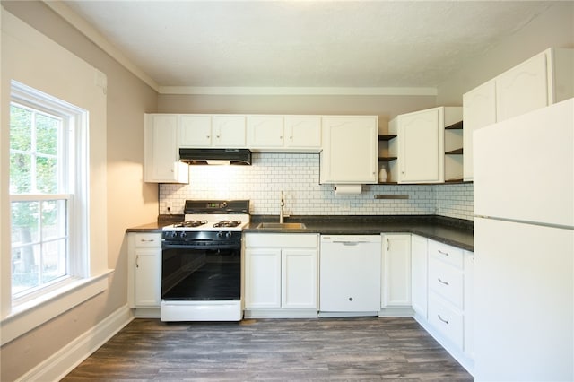 kitchen featuring dark wood-type flooring, white appliances, sink, and white cabinets