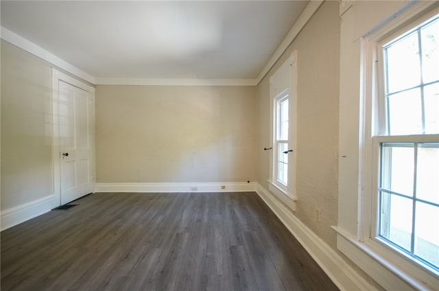 spare room with dark hardwood / wood-style floors, ornamental molding, and a wealth of natural light