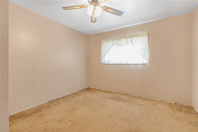 empty room featuring ceiling fan and light carpet