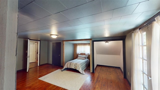 bedroom featuring multiple windows and dark hardwood / wood-style floors