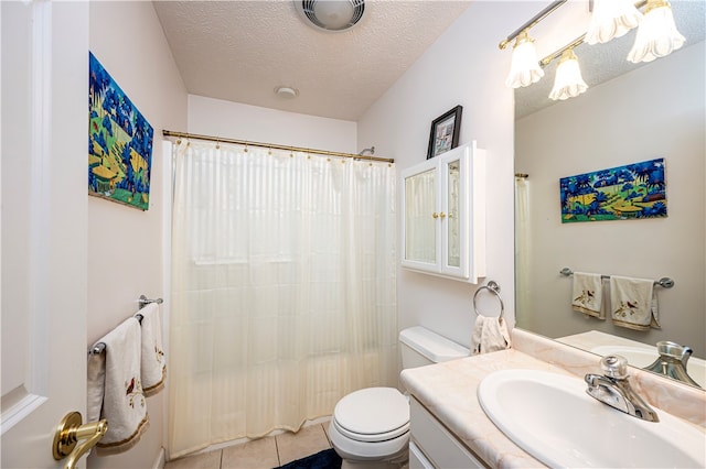 full bathroom featuring tile patterned flooring, toilet, independent shower and bath, vanity, and a textured ceiling