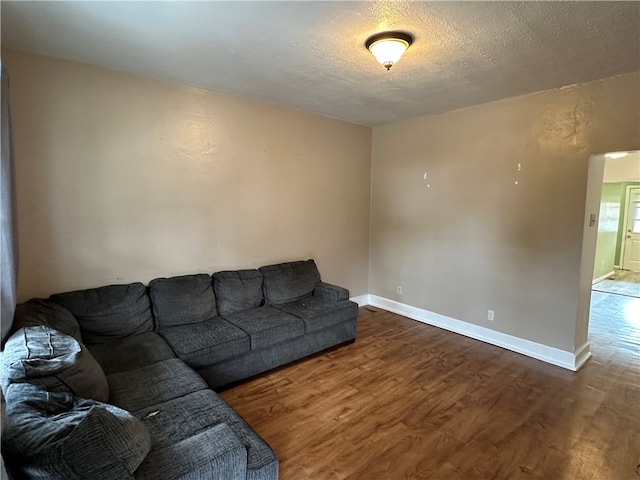 living room featuring a textured ceiling and wood-type flooring