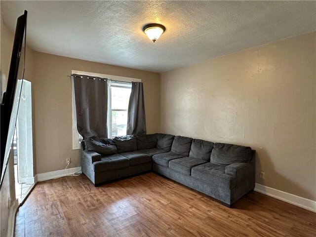 living room featuring wood-type flooring and a textured ceiling