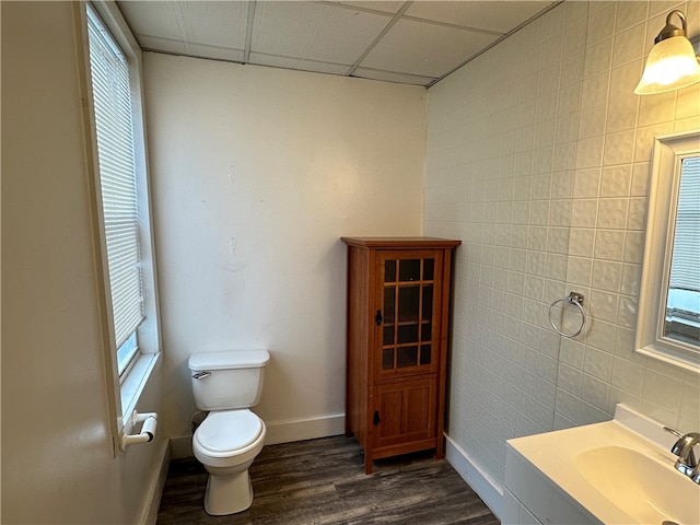 bathroom with vanity, tile walls, toilet, and a paneled ceiling