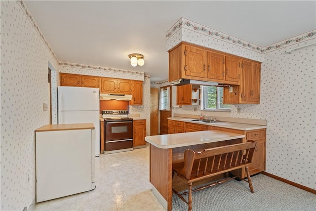 kitchen featuring kitchen peninsula, electric range, sink, and white fridge