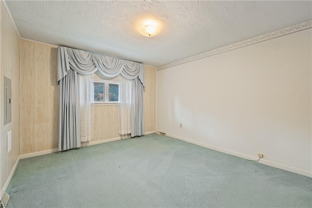 carpeted empty room with wood walls, a textured ceiling, and electric panel