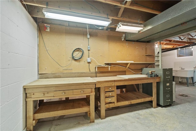 basement featuring a workshop area and sink