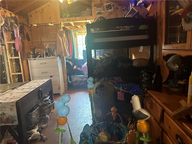 bedroom featuring lofted ceiling