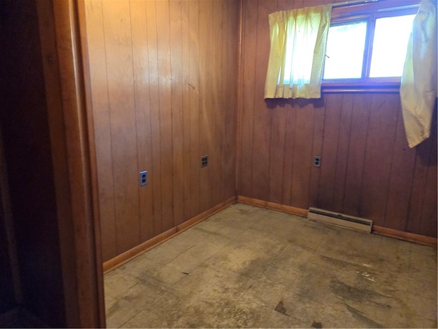 unfurnished room featuring a baseboard radiator and wooden walls