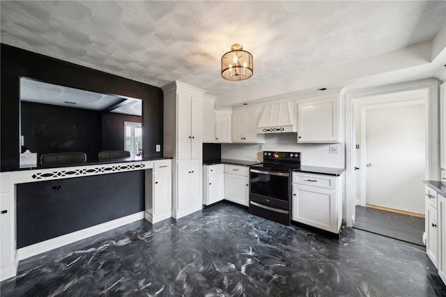 kitchen featuring custom range hood, stainless steel electric stove, a chandelier, and white cabinetry