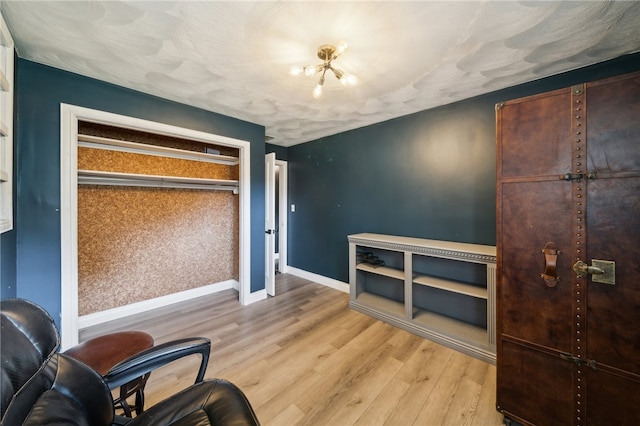 interior space with a textured ceiling, light hardwood / wood-style flooring, and a closet