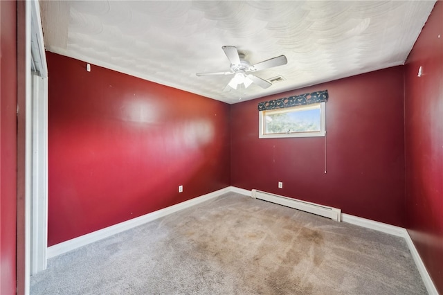 empty room with a baseboard radiator, ceiling fan, and carpet flooring