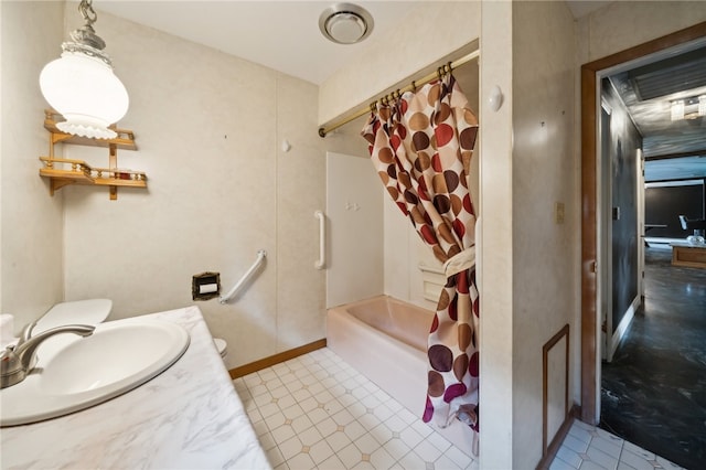 full bathroom with vanity, toilet, and shower / bath combination with curtain