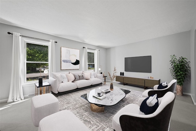 carpeted living room with a textured ceiling