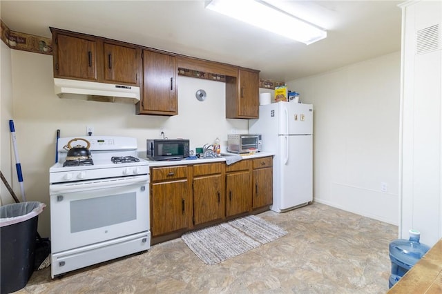 4900 Walnut St, Versailles Boro, PA 15132 - kitchen featuring white appliances, brown cabinets, under cabinet range hood, and light countertops