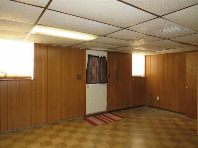 basement featuring wood walls and a wealth of natural light