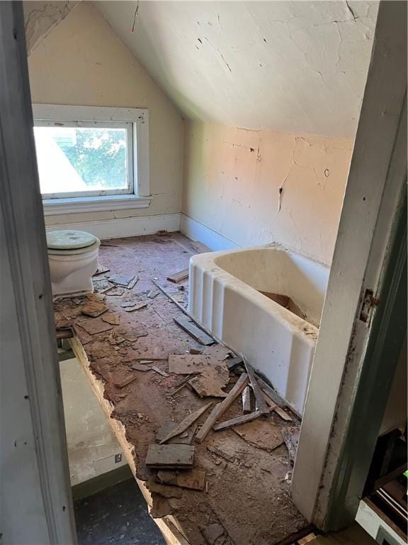 full bathroom featuring a tub, vaulted ceiling, and toilet