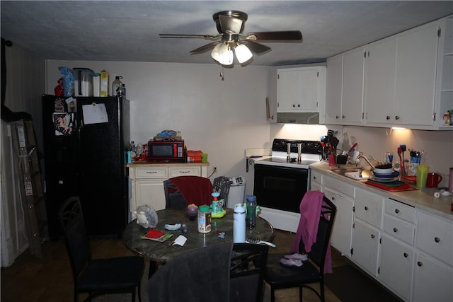 kitchen with black appliances, sink, ceiling fan, and white cabinets