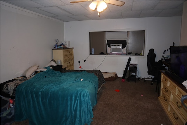 carpeted bedroom with cooling unit and ceiling fan