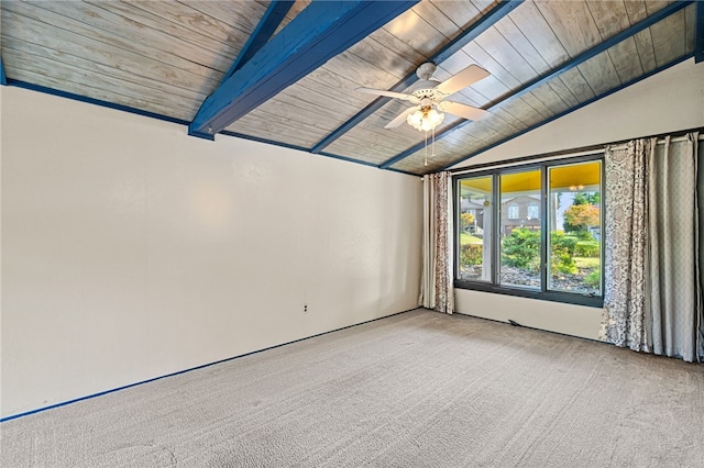 empty room with wood ceiling, ceiling fan, light carpet, and vaulted ceiling with beams