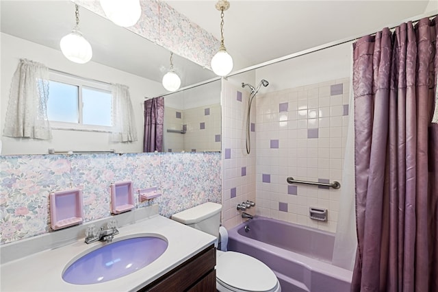 full bathroom with toilet, shower / tub combo, and vanity