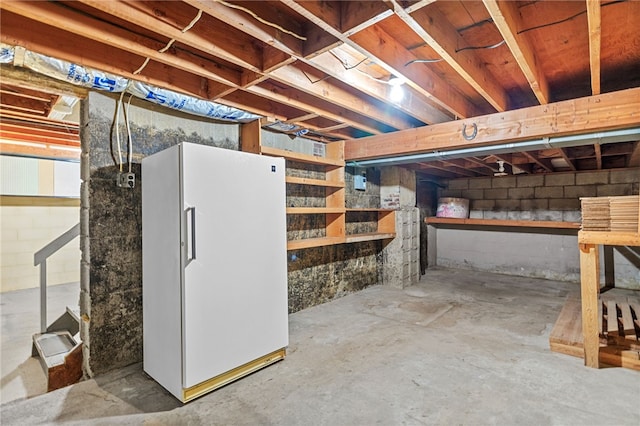 basement with white fridge