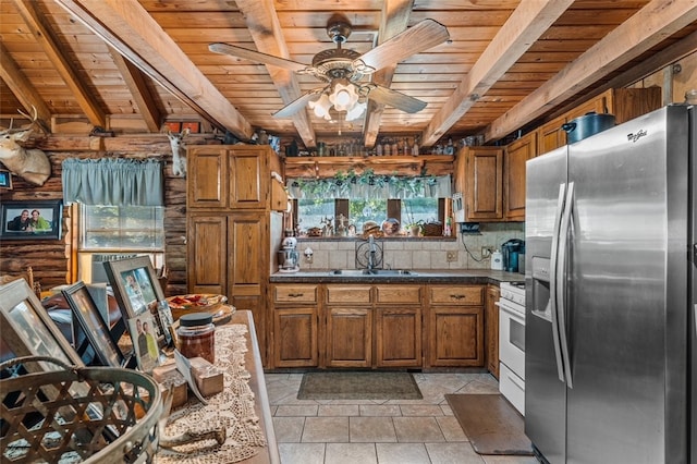 kitchen featuring stainless steel fridge, wood ceiling, sink, and ceiling fan