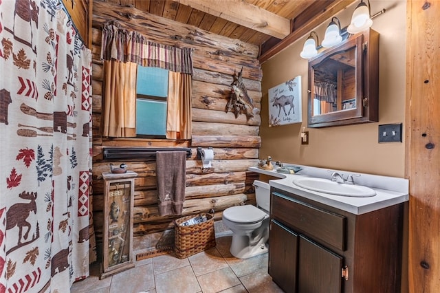 bathroom featuring vanity, beamed ceiling, wooden ceiling, toilet, and rustic walls