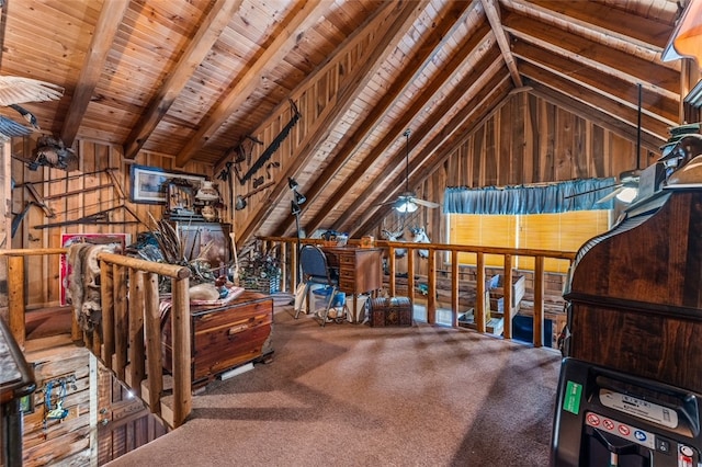 bedroom featuring carpet, wood walls, and vaulted ceiling with beams