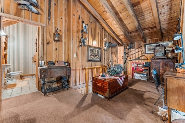 interior space featuring wood walls, light tile patterned floors, beamed ceiling, and wooden ceiling