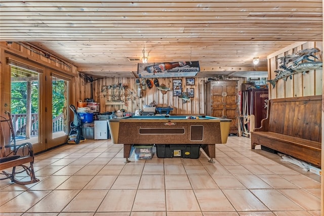 recreation room with wood walls, billiards, light tile patterned floors, french doors, and wood ceiling