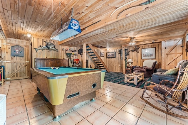 recreation room featuring wooden ceiling, billiards, light tile patterned flooring, and wooden walls