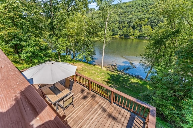 wooden deck with a water view and a yard