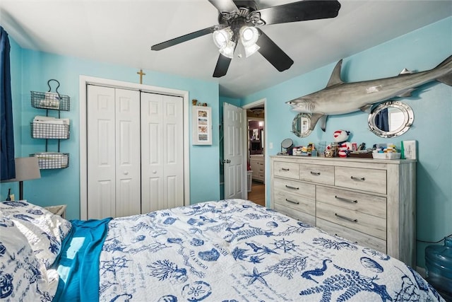 bedroom with a closet and a ceiling fan