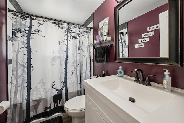 full bathroom with vanity, a shower with shower curtain, and toilet