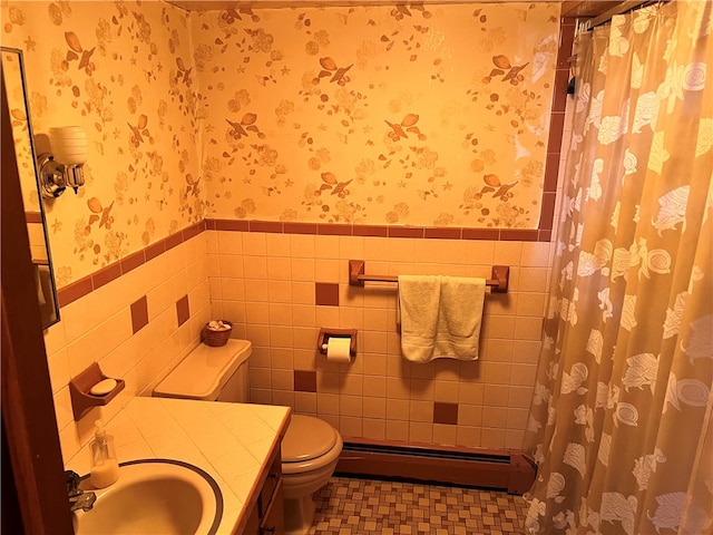 bathroom with a baseboard radiator, tile walls, toilet, and a shower with shower curtain